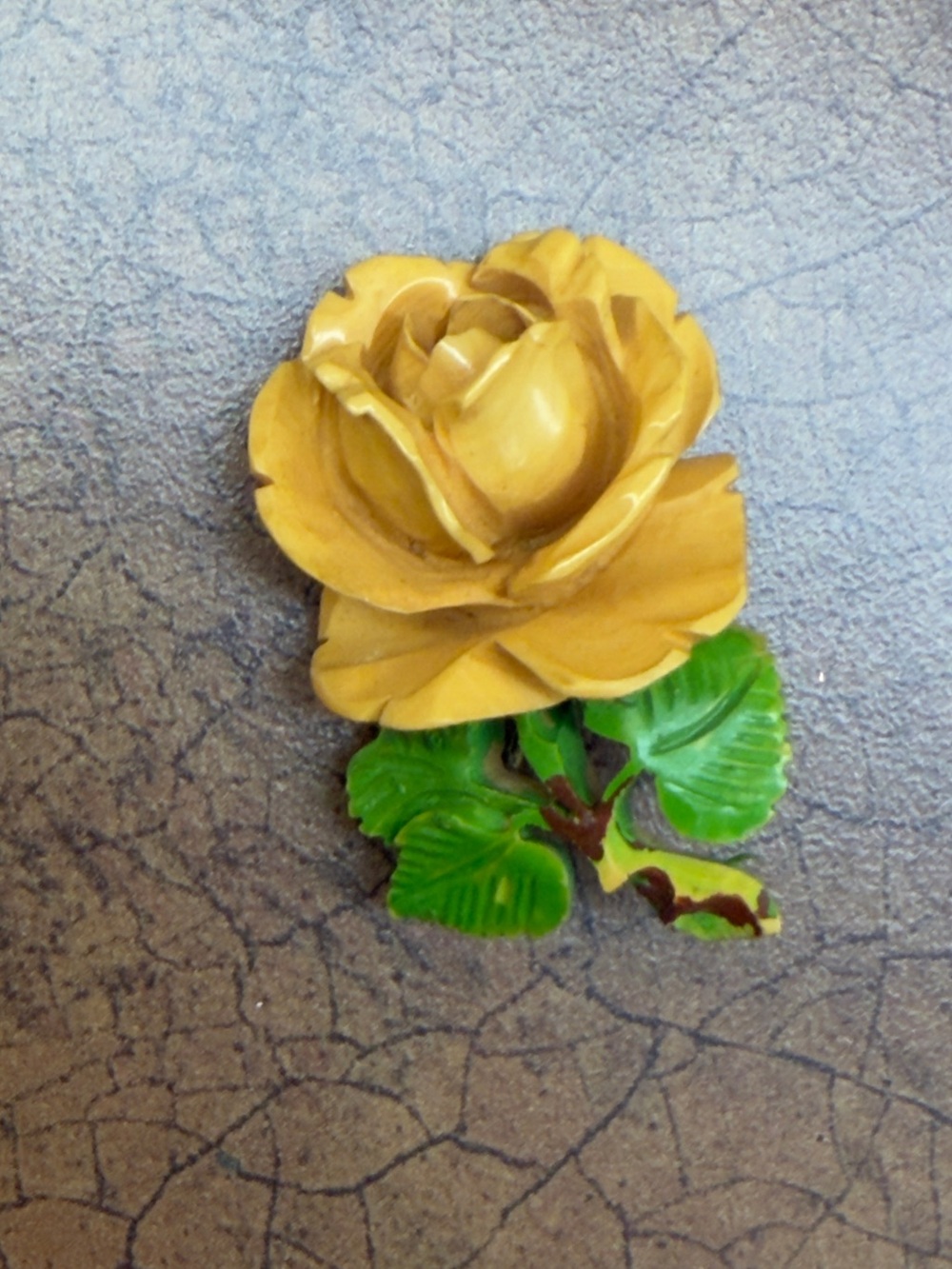 Yellow Rose Bakelite Floral Brooch with Green Leaves